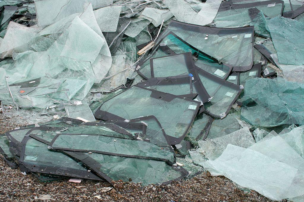 Cracked windshields awaiting recycling at a facility. Over 1.2 million windshields are replaced each year in Canada.